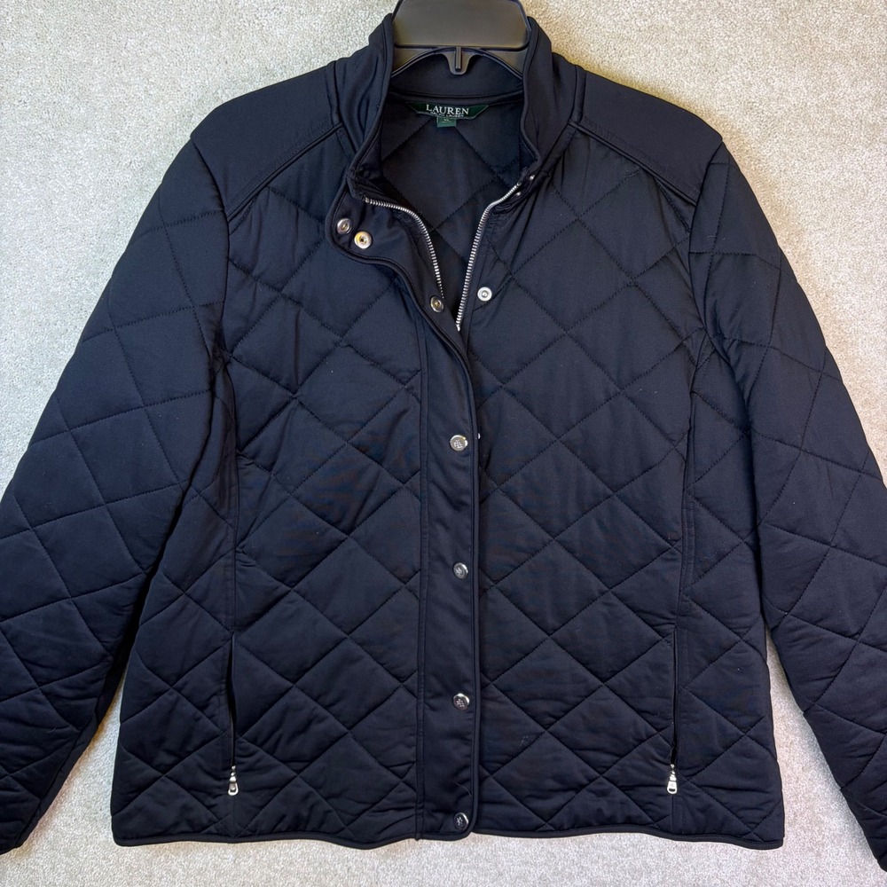 Lauren Ralph Lauren Quilted Jacket Womens XL Black Full Zip Snap Mock Neck